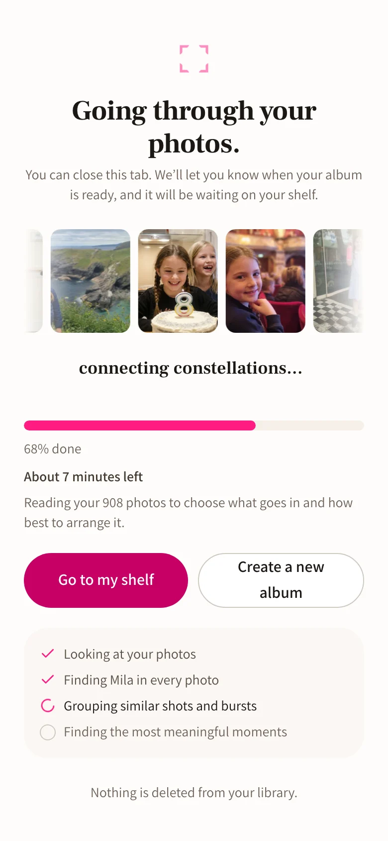 The Otohpia AI photo organizer going through a family camera roll on a phone: finding Mila in every photo, grouping similar shots and bursts, setting aside duplicates, and picking the best photos for her birthday album.