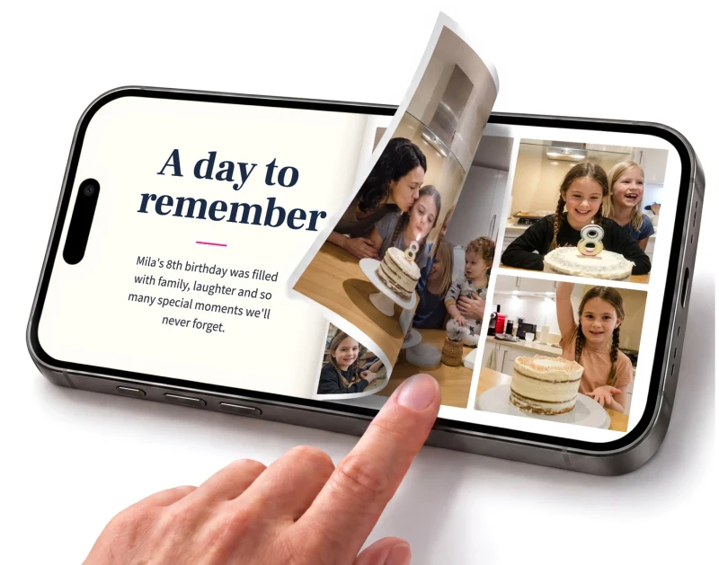 A finger turning a page of Mila's 8th birthday digital photo book on a phone, a family album you can download as a print-ready PDF or order as a printed photo book.