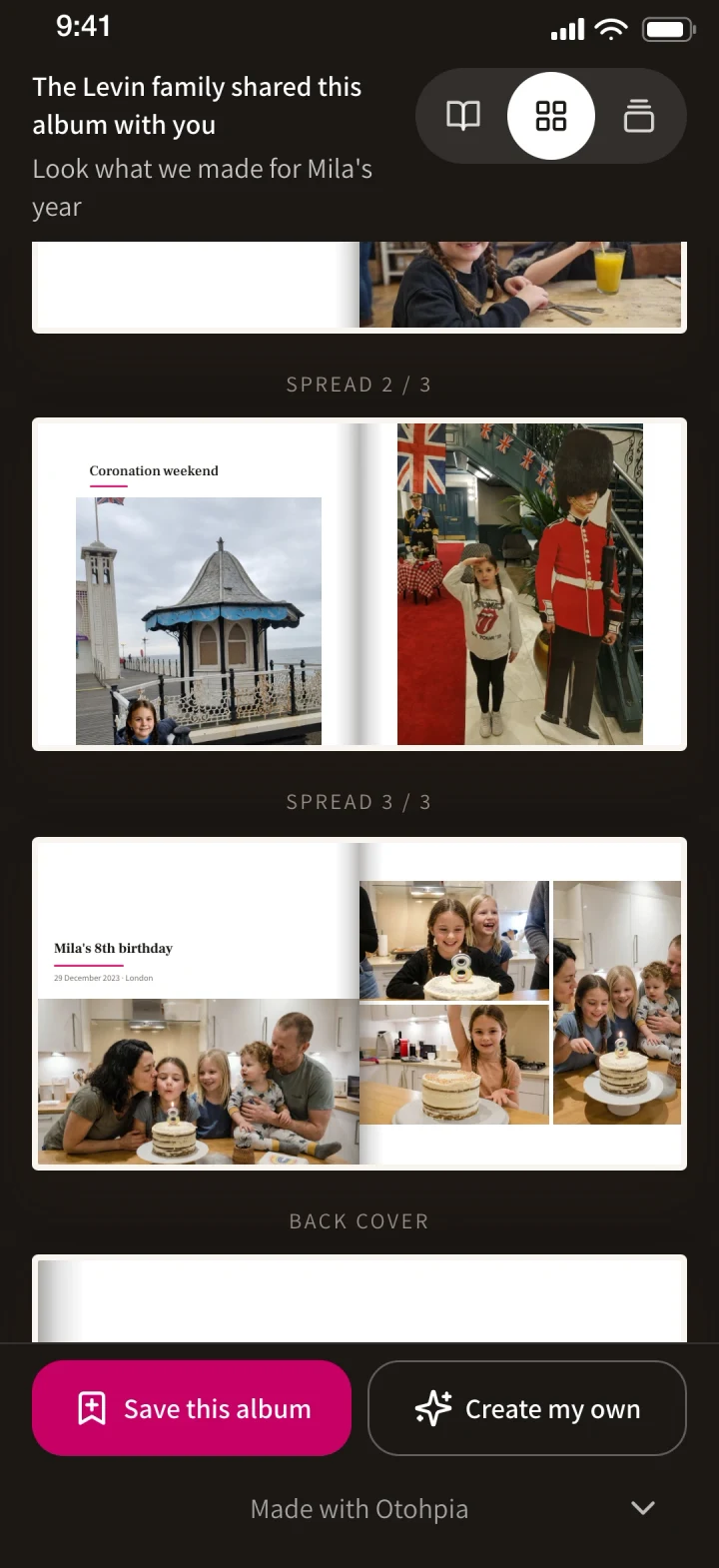 A shared digital family photo album open on Grandma's phone: two page spreads of Mila's birthday photo book, Coronation weekend in Brighton and Mila's 8th birthday in London, with Save this album and Create my own buttons.